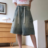 Kelu Vintage Washing Strap Cargo Denim Bermuda Half-Length Pants