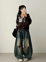 New York Lettering Two Way Cropped Hooded Zip-Up