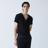 western yoke waffle henley neck half sleeve black