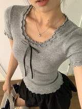 ribbon frill sweet short-sleeved knitwear