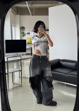 LACE DAMAGE BLACK DENIM