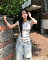 コーツ リバース ダメージ ワイド デニム パンツ