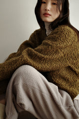 Boucle wool cardigan, Khaki