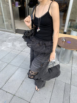 Vintage lace patch black denim pants