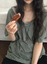 ソハUネックボーダーストラップ半袖Tシャツ