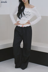 Lace lettering wide casual banding pants