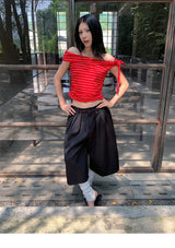 アンバランスカラーオフショルダーストラップストライプTシャツ