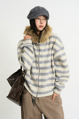 Stripe fur crop hood zip-up