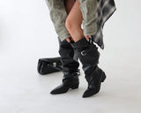 Wrinkle Shirring Belt Western Wide Long Boots