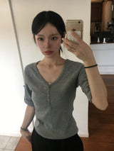 Chloe Button Roll Up 3/4 sleeve 2-Way Vneck (5c)
