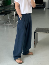 No-Mace Back Banding Two-Tuck Linen Wide Pants