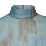 8287 Graffiti Logo Sheer Long Sleeve Turtleneck Top (Blue)