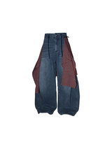 RELABEL Spatial Relationship (R) Multi-coloured Checkered Stripes Detachable Diaper Cover Curved Knife Oversized Washed Distressed Denim Trousers
