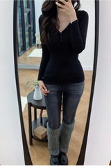 Slim fit V-neck long T-shirt 3color