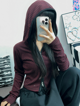 STRIPE SLIN クロップドフーディージップアップ 🤎❤🩶🖤3COLOR