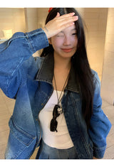 denim loose fit collar zip-up jacket two-piece (skirt set)