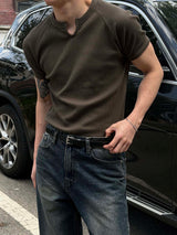[MUSCLE FIT] Waffle slit slim half t-shirts(5color)