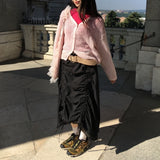 Palace Nylon Shirred Pleated Long Skirt with Lace Hem (2 Colors)