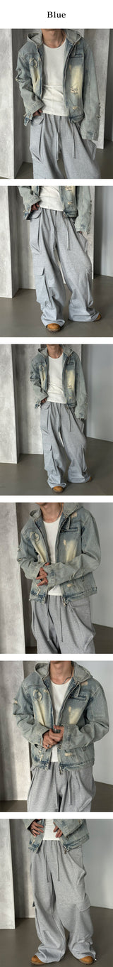 [Unisex] デストロイドデニムフードジャケット(2color)