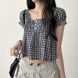 Checkered Ruffle Square Button Short Sleeve Blouse