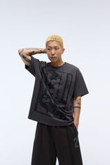 Sound wave artwork damage washing T-shirt (Charcoal)