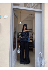 Stripe Slim Off-Shoulder Long-Sleeved Knit T-Shirt