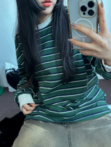 STRIPE OVER BOXY BOYFRIEND LONG SLEEVE T SHIRT ❤💚🩵🧸4COLOR