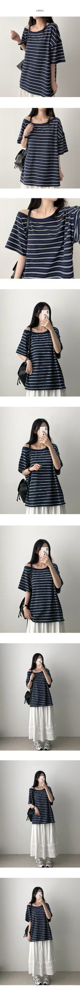 Watt Unfooted Off Shoulder Stripe Boxy Fit Short Sleeve