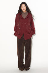 Hooded retro loose shoulder casual embroidered shirt