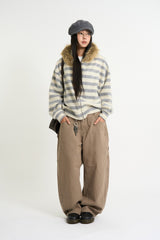 Stripe fur crop hood zip-up