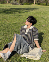 Windy Buckle Stripe Collar Short Sleeve Knit