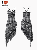 Black Checkered Lace Unbalanced Sleeveless Long Dress