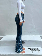 DARK BLUE EMBROIDERED SPANDEX BOOTCUT DENIM PANTS code 18315