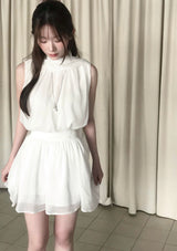 top pure halter tie bl + chiffon shirring sk set