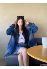 denim loose fit collar zip-up jacket two-piece (skirt set)