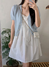 Pastel Pogeun Ribbon Short-Sleeved Knit Cardigan (3color)