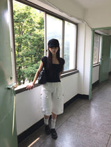 Bogi Shirring Flower Embroidery Slim Short Sleeve T-shirt