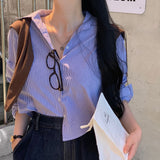 [3color] プレッピーストライプラウンドクロップドシャツ