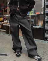 ピンストライプワークパッチワイドデニムパンツ