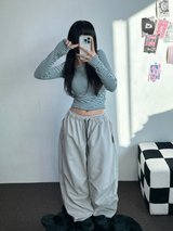 フリース❤サイドシャーリングストライプクロッピードロングスリーブTシャツ 🧸🤎🩶🩵3カラー