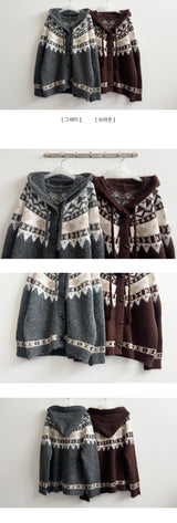 Kao pattern Nordic hooded knit cardigan