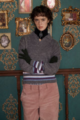ALPACA STRIPE KNIT POLO SHIRT / CHARCOAL