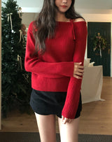 Eden Ribbon Strap Unbalanced Shoulder Ribbed Knit