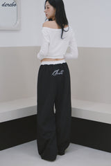 Lace lettering wide casual banding pants