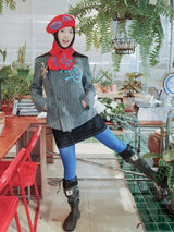 UnsocialNight original literary wool contrast colour フラワーアレンジメントプリントツイードジャケット detachableレースコート