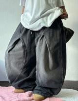 KOREAN / KEYRING / STRING 🩵 FRONT SLIT BALLOON JOGGER DENIM WIDE LONG PANTS 🩵🖤 - 2 COLORS