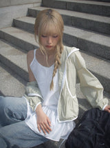 Pita Color Matching Shirring Windbreaker Hood Zip-Up