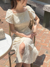 26SS★ Ruckbell Square Neck Embroidered Tulip Pintuck Long One Piece