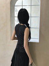 French Dot V-Neck Sleeveless Blouse