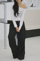 Lace lettering wide casual banding pants